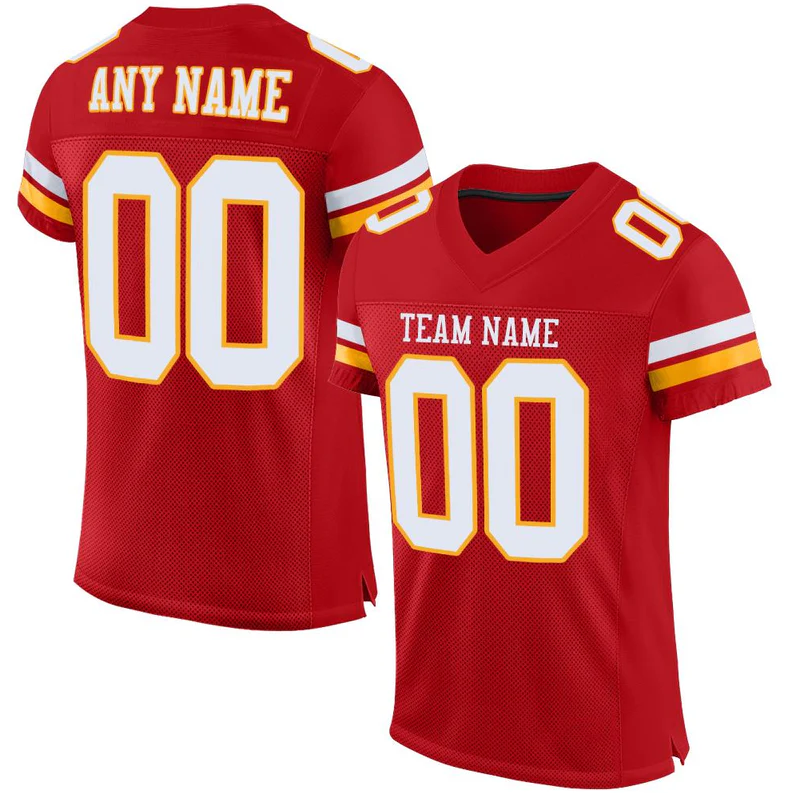 Custom Red White-Gold Mesh Authentic Football Jersey