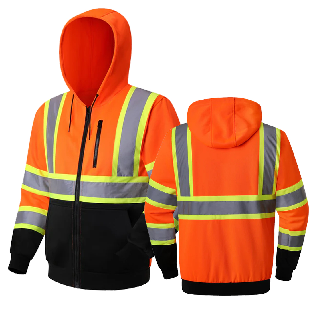 Hi-Vis Reflective Safety Hooded Sweatshirt Zip-Up Hoodie 