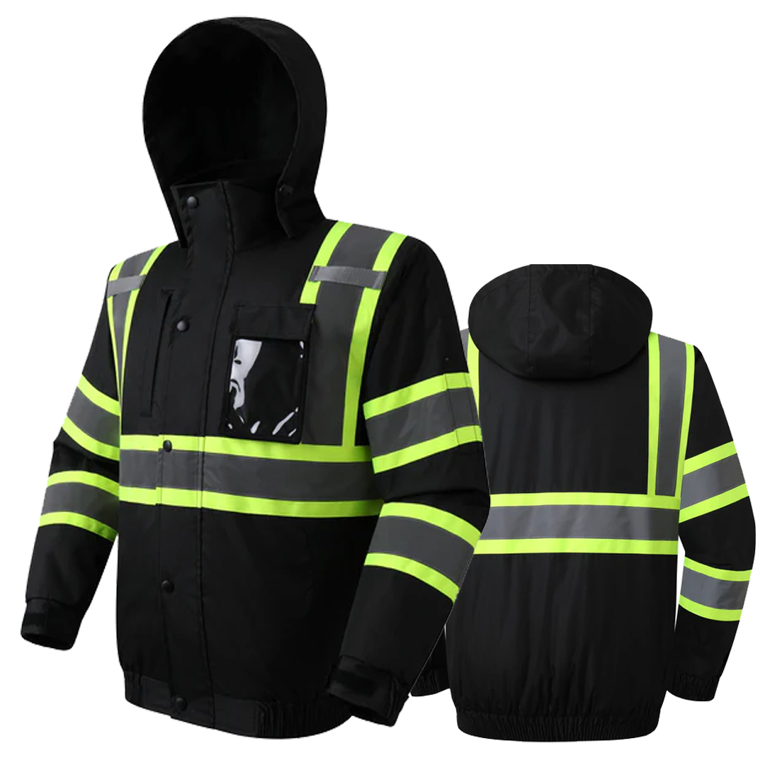 10 Pockets Winter Hi-Vis Reflective Safety Bomber Jacket, Standing Fleece Collar