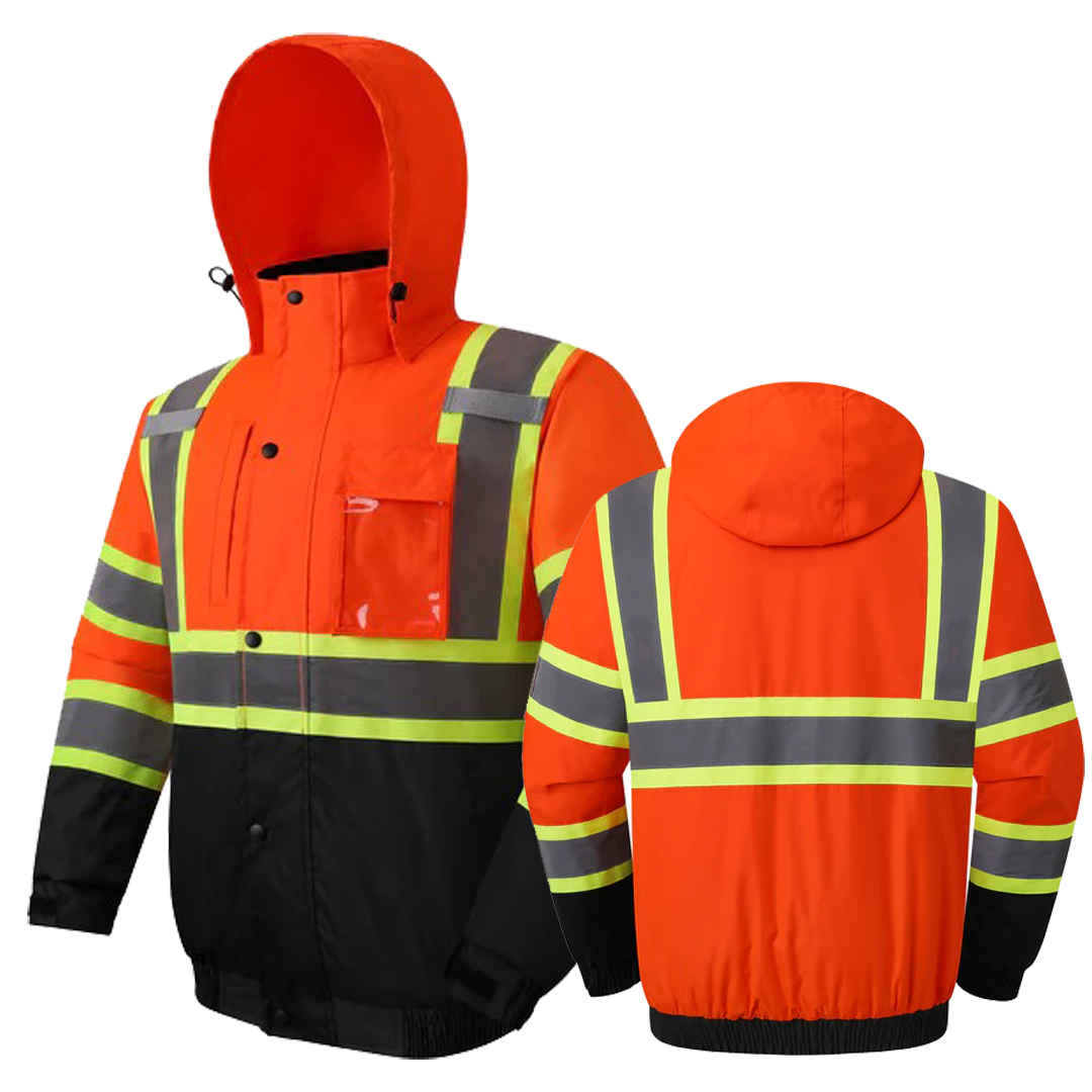 10 Pockets Winter Hi-Vis Reflective Safety Bomber Jacket, Standing Fleece Collar